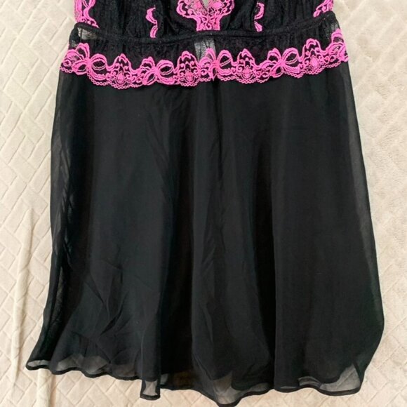 Womans Large Lingerie Top Black Pink Lace Fit & Flare Adjustable Strappy Sleeve - Picture 3 of 11